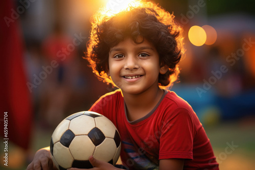 Little boy holding football in hand