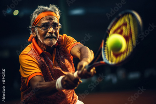 Senior man focus on ball while playing tennis © PRASANNAPIX