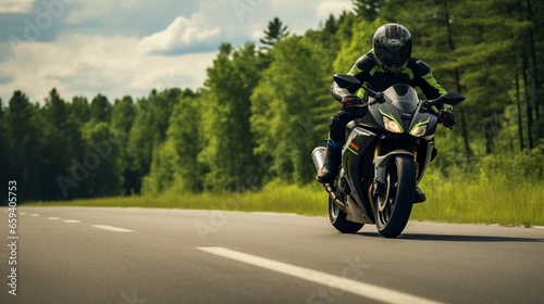 A motorcyclist on a sport bike rides down an empty asphalt road. A sport bike. © Nazia