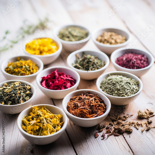 Various dried medicinal herbs and herbal teas in several bowls on white wooden background