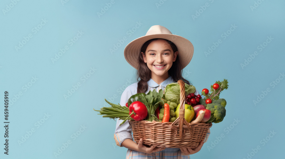 Young woman holding a basket full of fresh fruits and vegetables