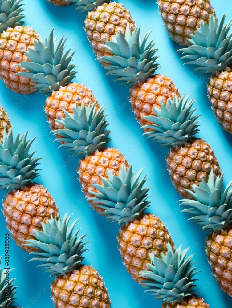 Fototapeta premium Pineapple pattern on blue background. Top view. Flat lay.