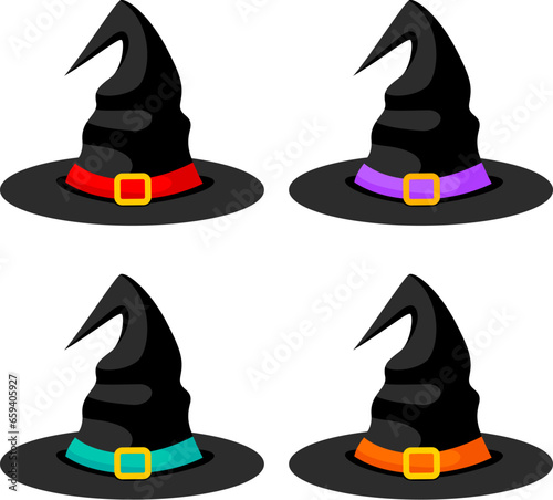 Cartoon witch hats, Halloween party costume elements. Halloween witchcraft party collection. Vector illustration.