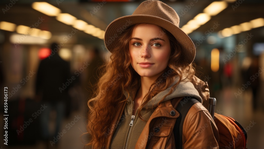 stylish hipster solo traveller female adult woman happiness cheerful stading in railway train platform station terminal waiting for arrival train sunset moment