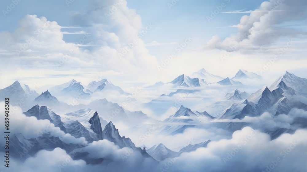  a painting of a mountain range with clouds in the foreground.  generative ai