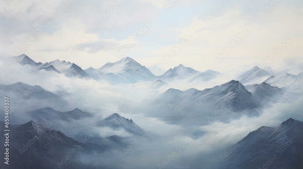  a painting of a mountain range in the clouds with a sky background.  generative ai
