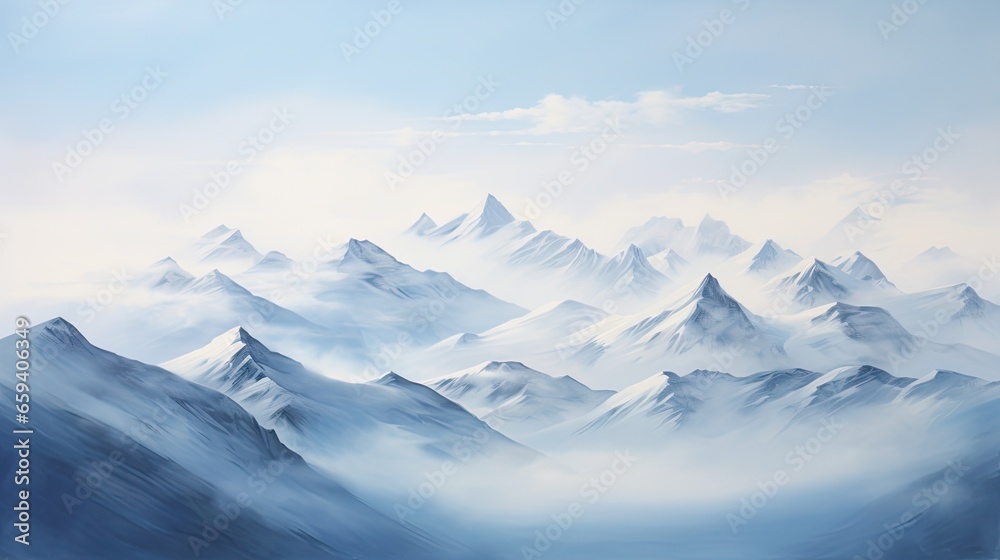  a painting of a mountain range in the foggy day.  generative ai
