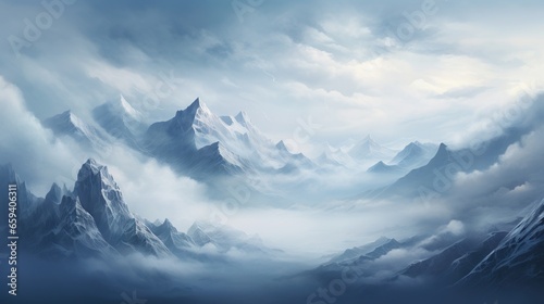  a painting of a mountain range in the sky with clouds.  generative ai © Anna