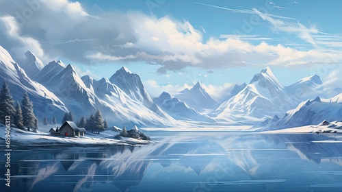  a painting of a snowy mountain landscape with a lake in the foreground.  generative ai