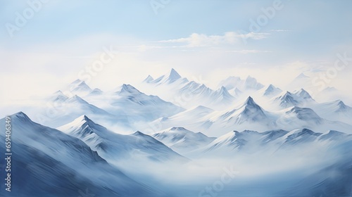  a painting of a mountain range in the foggy day.  generative ai © Anna