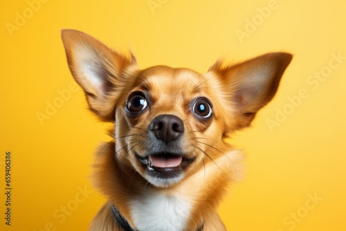 portrait studio shot cute animal pet funny smiling dog standing on color wall background