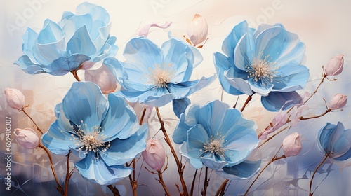  a painting of blue flowers on a white and pink background.  generative ai © Anna
