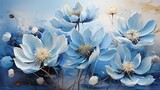  a painting of blue flowers on a blue and white background.  generative ai