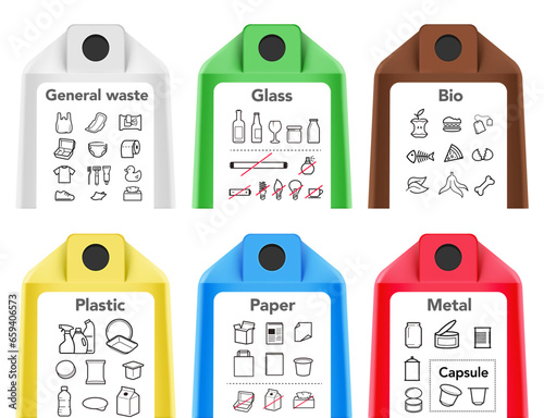 Ready sets of icons for separating trash. Vector elements are made with high contrast, well suited to different scales and on different media. Ready for use in your design. EPS10.