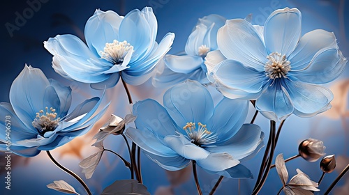  a group of blue flowers with a blue background and a white center. generative ai
