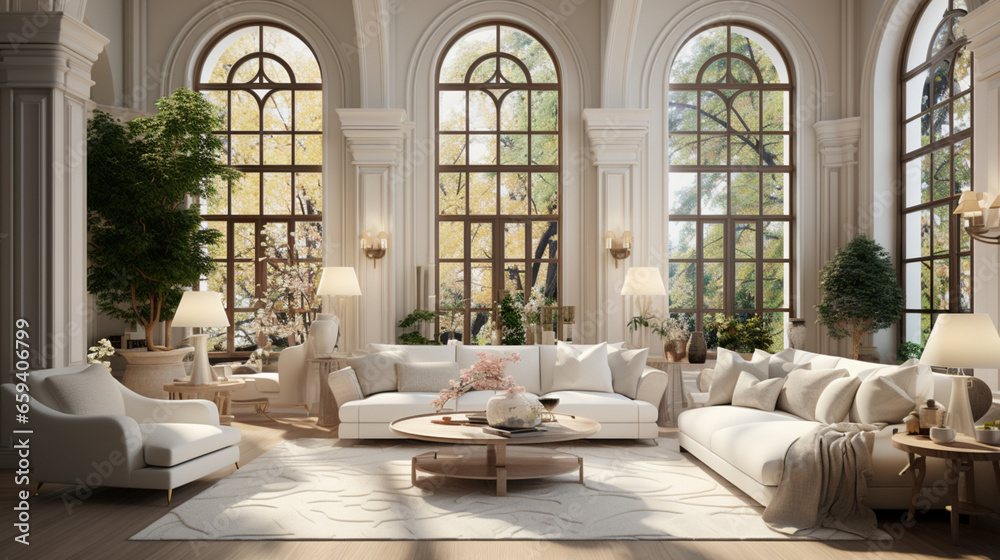 Fototapeta premium Interior Design Luxurious modern Living room, minimal tall window, Cozy sofa, serene nature scenery, Elegant villa
