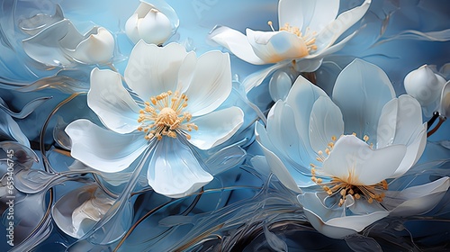  a group of white flowers on a blue and black background.  generative ai