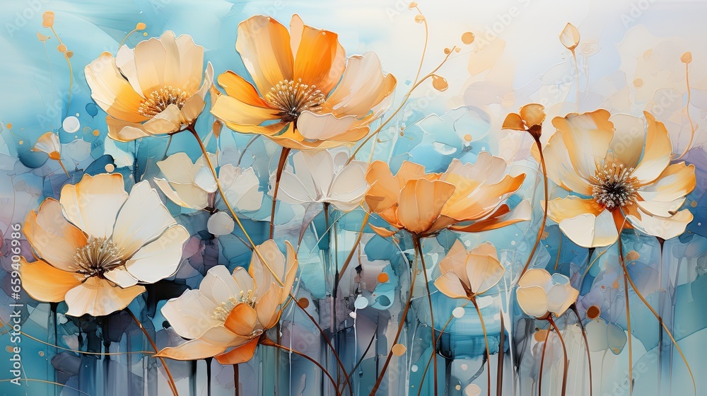 a painting of yellow and white flowers on a blue background. generative ai a painting of yellow and white flowers on a blue background. generative ai
