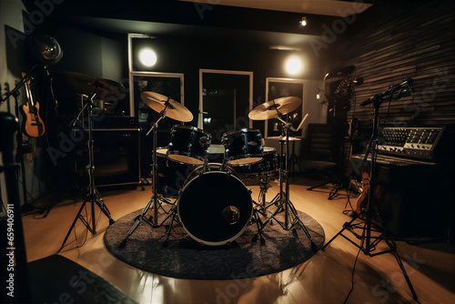 AI generative image of drum set in warm-lit studio