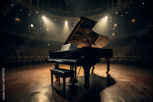 A piano set up on the stage of a concert hall with rows of seats