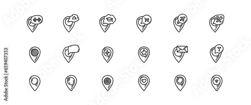 Map pins with airport, hospital, wifi, gym, restaurant, bare, store place  location. Hand drawn doodle vector illustration. Pinpoint road travel mark sketch