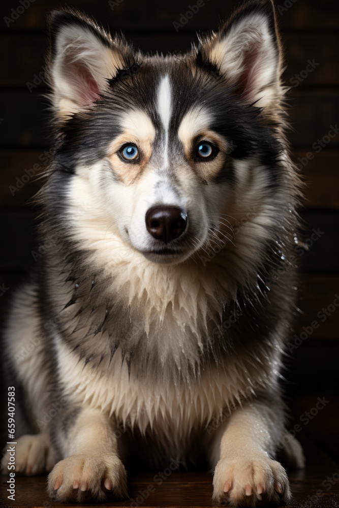 Fluffy Husky dog sitting in a dignified pose, Generative AI Fluffy Husky dog sitting in a dignified pose, Generative AI