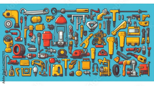 Construction Tools. Made from all of the above Cartoon Caricature tools. isolated line art flat vector illustration. Generative Ai