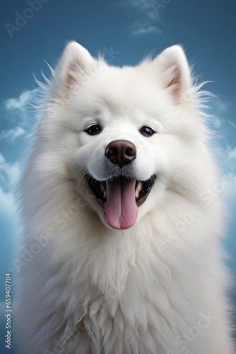 Fluffy Samoyed dog sitting in a fluffy cloud of white fur, Generative AI