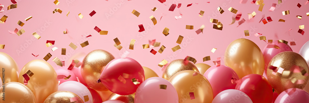 red pink golden balloons and confetti on pink background, banner