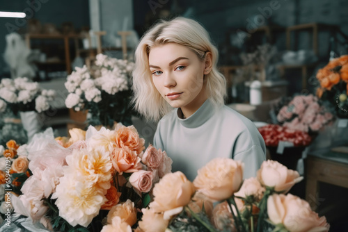 Portrait of young hardworking blonde attractive female, small business owner of her florist shop. © MarijaBazarova