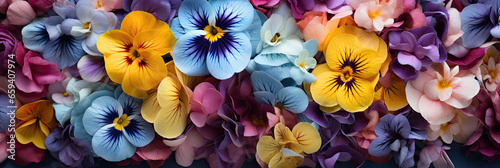 yellow blue purple Pansies violets flowers, on sunny garden background, banner  photo