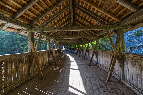 Covered wooden bridge historic in Austria, Europe