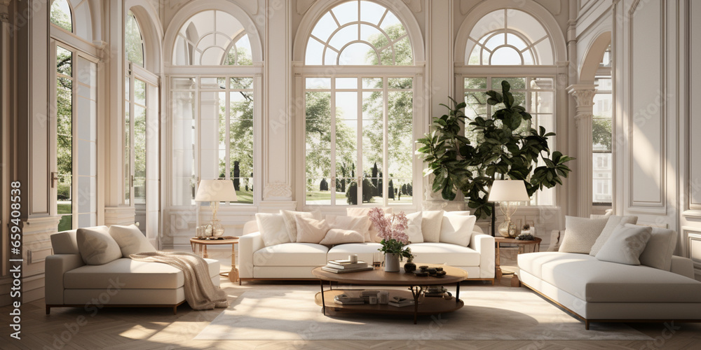 Interior Design Luxurious modern Living room, minimal tall window, Cozy sofa, serene nature scenery, Elegant villa Interior Design Luxurious modern Living room, minimal tall window, Cozy sofa, serene nature scenery, Elegant villa