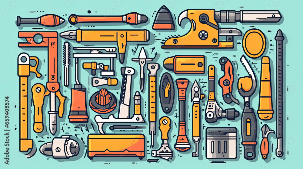 Construction Tools. Made from all of the above Cartoon Caricature tools. isolated line art flat vector illustration. Generative Ai Construction Tools. Made from all of the above Cartoon Caricature tools. isolated line art flat vector illustration. Generative Ai