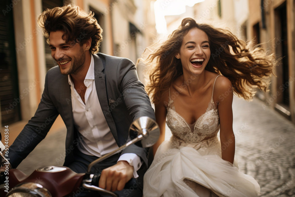 Naklejka premium playful photo of the couple riding a vintage scooter through the charming streets of an Italian village, embodying the carefree spirit of an Italian wedding. Photo
