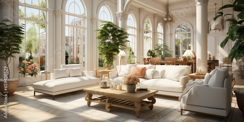 Interior Design Luxurious modern Living room, minimal tall window, Cozy sofa, serene nature scenery, Elegant villa © AlexCaelus