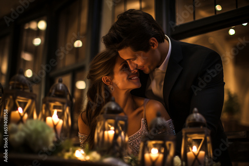 intimate photo of the couple at a beautifully set table adorned with candles and Italian cuisine, highlighting the romantic ambiance of an Italian wedding reception. Photo