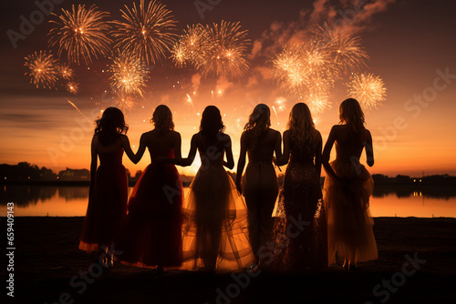 breathtaking photo of the bachelorette party enjoying a fireworks display  symbolizing the grand finale of the celebration. Photo