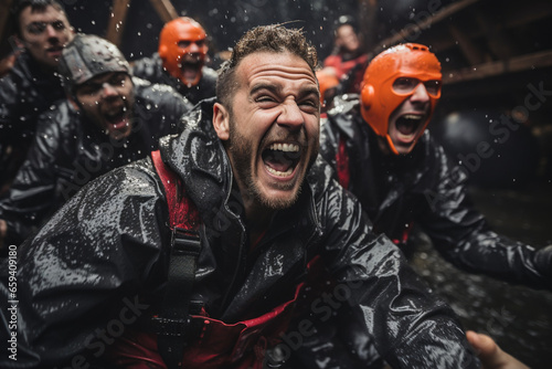 thrilling photo of the stag party engaging in outdoor adventure activities like paintball, zip-lining, or rafting, showcasing adrenaline-pumping moments. Photo photo