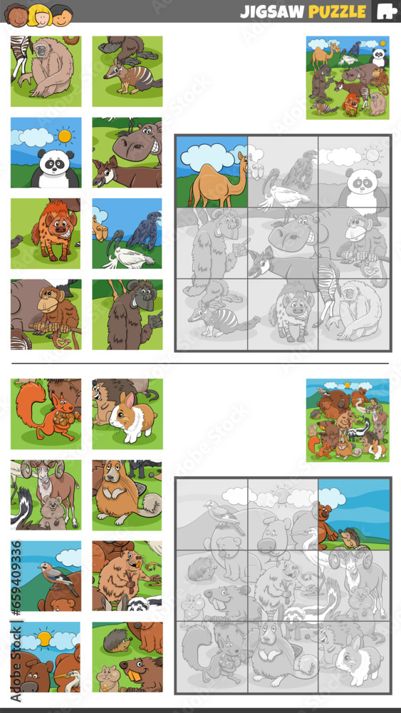 Obraz premium jigsaw puzzle activities set with wild animal characters