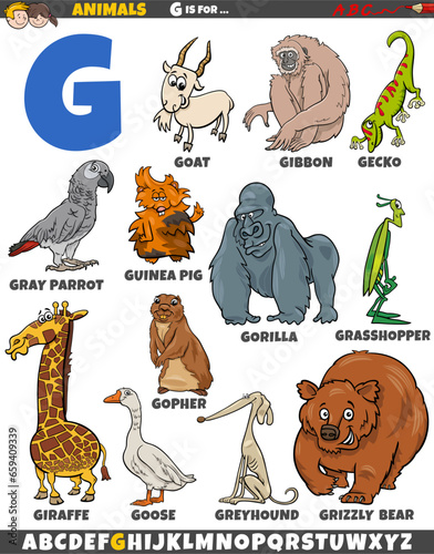 cartoon animal characters for letter G educational set