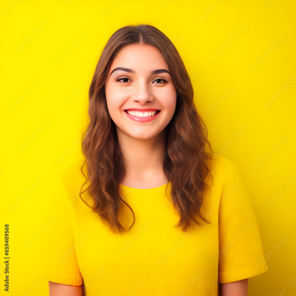 Portrait of a beautiful young woman smiling and looking at camera over yellow background Portrait of a beautiful young woman smiling and looking at camera over yellow background
