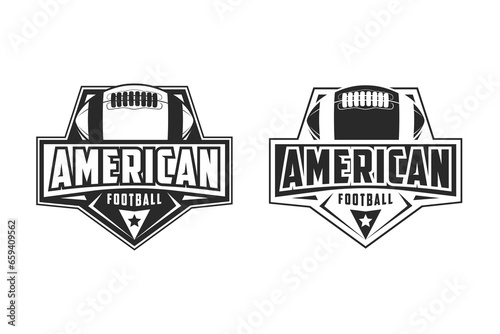 American Football sport logo. Vintage football logo with ball. American Football retro logo. Vintage badge with text and ball silhouette. Vector illustration