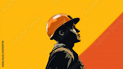 Side view portrait of Silhouette image happy construction worker wearing safety helmet and plastic helmet, flat vector illustration. Generative Ai © tong2530