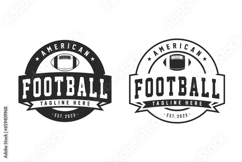 American Football sport logo. Vintage football logo with ball. American Football retro logo. Vintage badge with text and ball silhouette. Vector illustration
