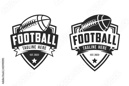 American Football sport logo. Vintage football logo with ball. American Football retro logo. Vintage badge with text and ball silhouette. Vector illustration photo