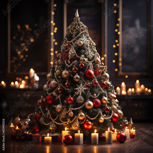 Decorated Christmas tree with lights on a dark background
