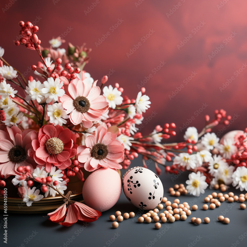 Fototapeta premium Easter eggs and flowers on a pink background