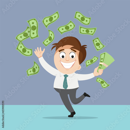A happy man with money, icon style, sticker, illustration, vector, cartoon, EPS 10. 
