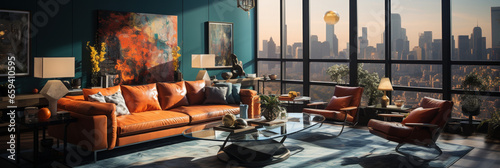 Interior Design modern Living room, windows show stunning view of the city skyline, Apartment room